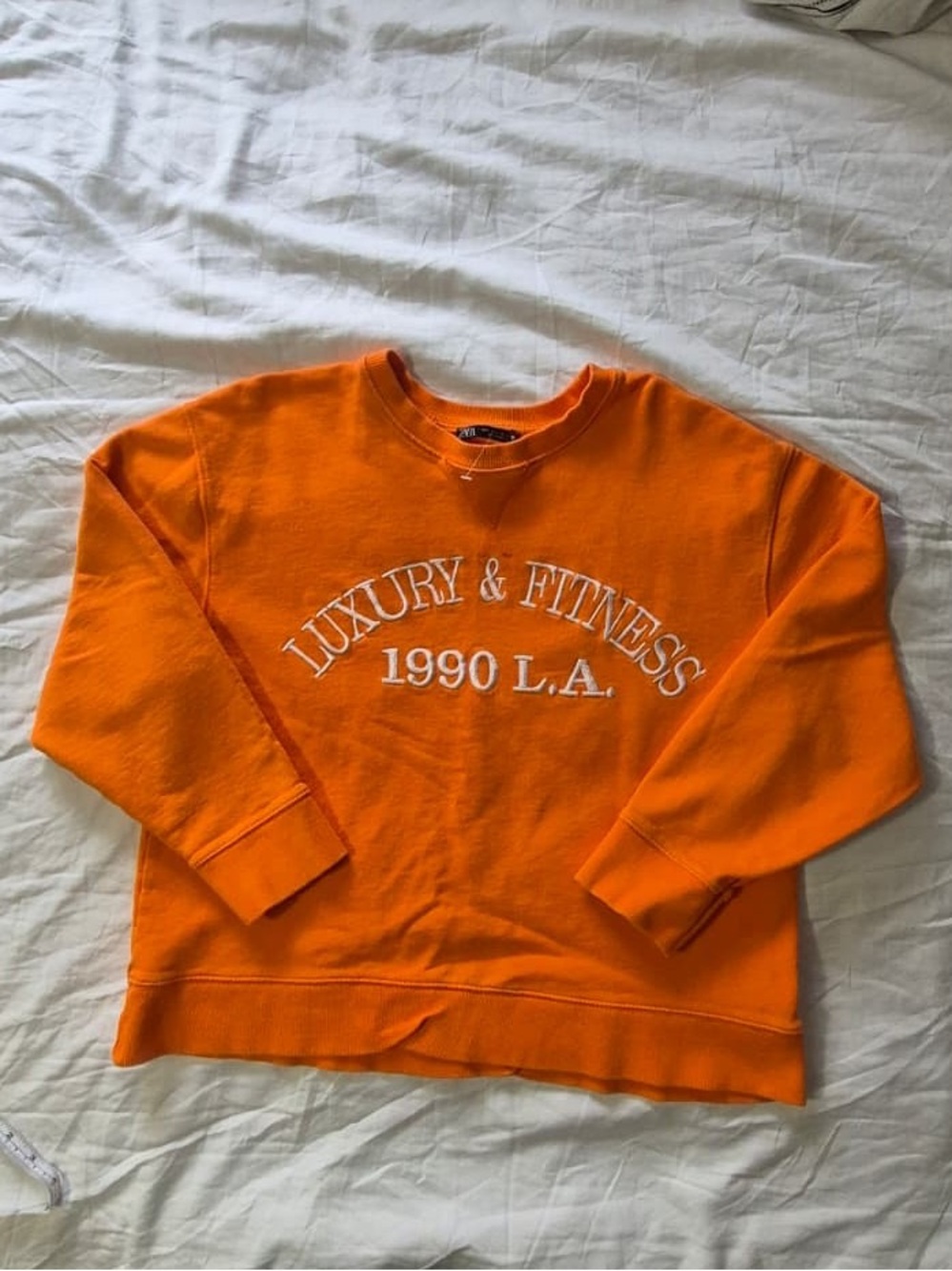 Zara Orange Crewneck Sweater with White 'Luxury & Fitness 1990 L.A.' Embroidery